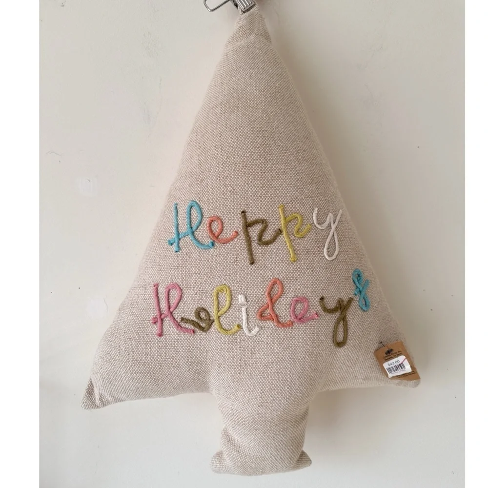 Creative Co-op Happy Holidays Embroidered Cotton Jute Throw Pillow 24” Inches